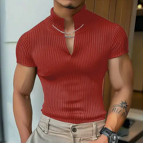 Imagen 1 del producto Nueva camiseta elegante para hombre, ocio, Color sólido, cuello en V, manga corta, ropa de verano para hombre, ropa de calle, Tops informales de negocios a rayas, S-2XL