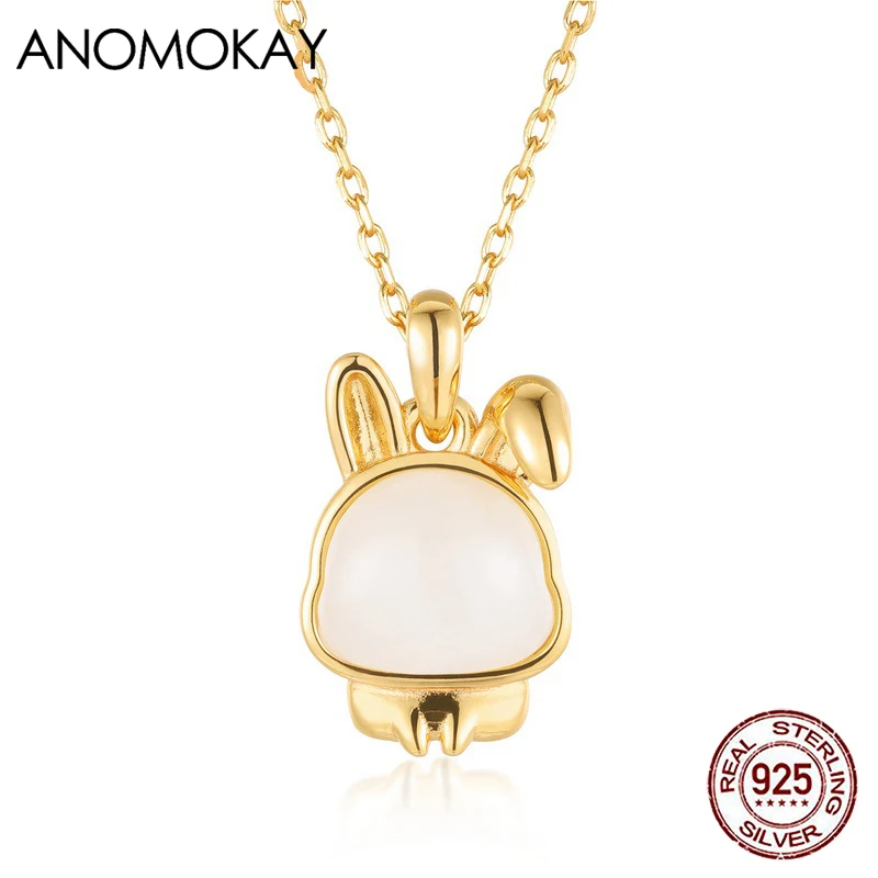 Anomokay Cute Rabit Pendant Necklace with Handmade Nephrite