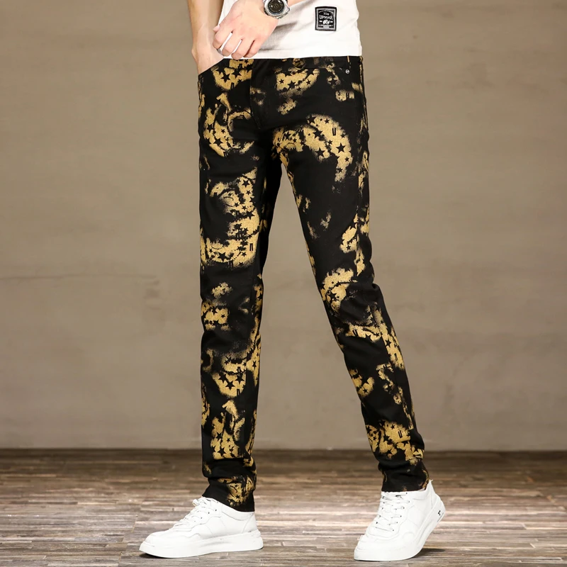 Men's Slim black jeans high-end personalized printed jeans street fashion casual jeans men's pants