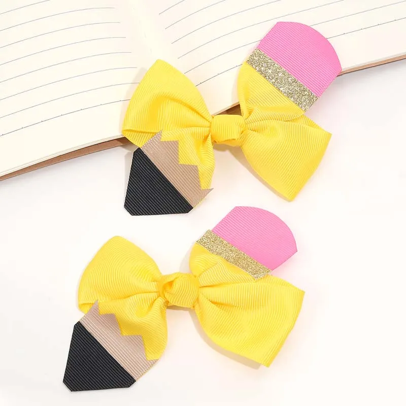 ncmama 2Pcs Pencil Hair Bow Clips Student Bows Hairpin Back To School Pencil Hairpins Girls Barrettes Headwear Hair Accessories