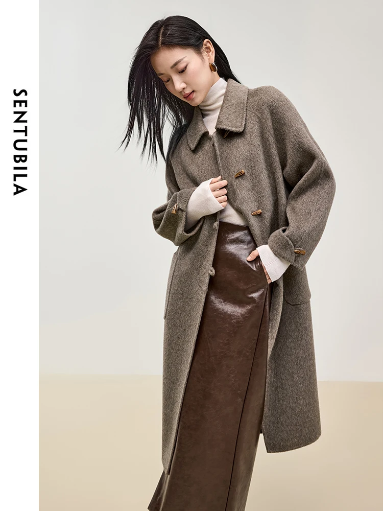 SENTUBILA Women's Tweed Jackets 100% Wool 2025 Winter Elegant Long Coats Bull Horn Buckle Big Pockets Woman Overcoat W44O55978