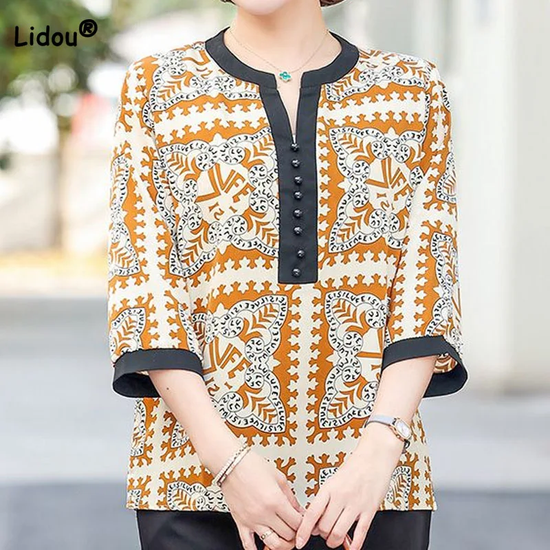 

Women's Clothing Vintage Printed 3/4 Sleeve T-shirt 2023 Summer Korean Commute All-match Female Beading Spliced Pullovers Tops