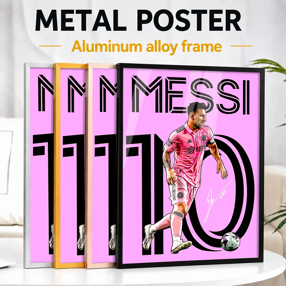 Lionel Messi Pink Jersey Framed Metal Print Personalized Illustration Wall Art For Clubhouse Reception Area, Soccer Fan Gift