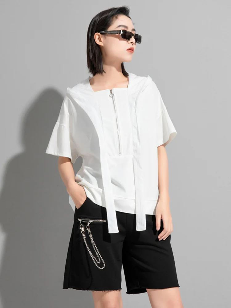 Ladies Casual Hooded Short Sleeve T-Shirt Summer Thin Stand Front Short Back Long Top plus Size Trendy Street Style Nylon Fabric