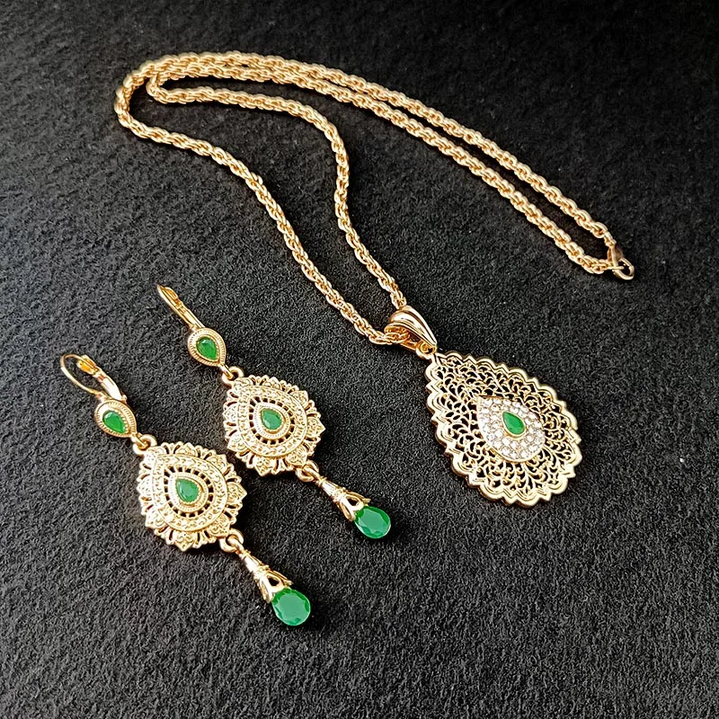 Moroccan Wedding Jewelry Set Gold Color Drop Earrings Algerian Ladies Pendant Necklace Arabian Bridal Jewelry Party Gifts