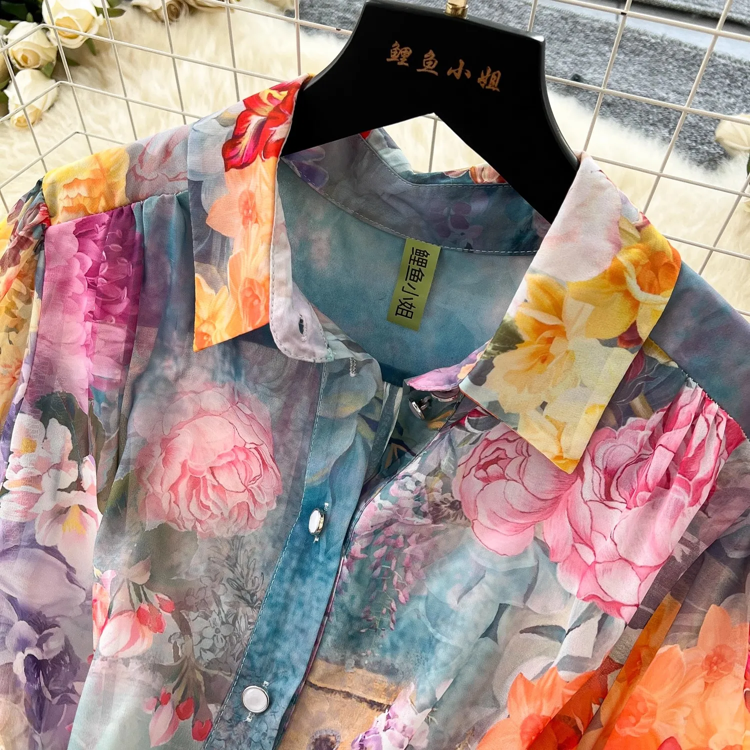 Summer Holiday Flower Boho Robe Dress Women's Lapel Lantern Sleeve Belt A-Line Beach Party Vestido Pearl Buttons Up Maxi Clothes