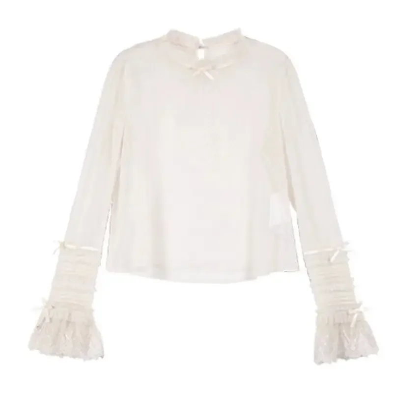 Dolce fiocco Roffles Maglia di pizzo Camicie a maniche lunghe Ragazze Kawaii Allentato Jsk All'interno Top Vittoriano Vintage Elegante Lolita Camicette Donna