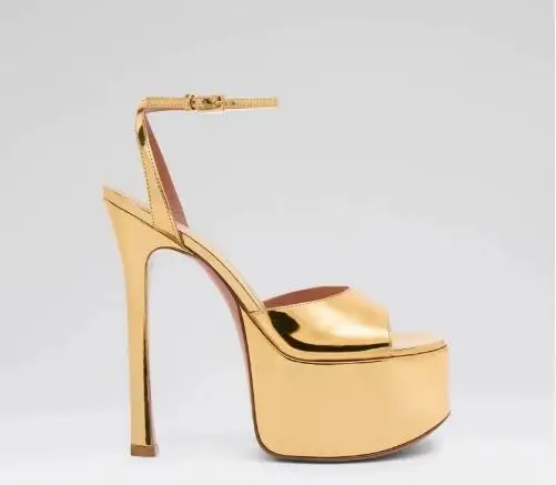 

Women Gold Black Shiny Patent Leather Round Peep Toe Platform Ankle Buckle Strap Thin Heels Summer Sandals Party Dress Shoes