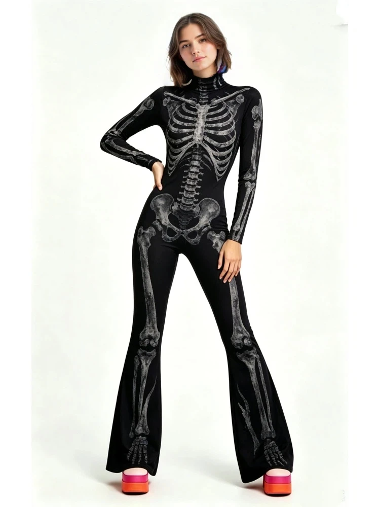 Damen Leoparden-Jumpsuit mit Schlaghose, Skelett-Design, Hochkragen, Flare-Leg-Bodysuit, Rentier-Party, Halloween-Festival, Aerial Yoga Zentai – Detail 15