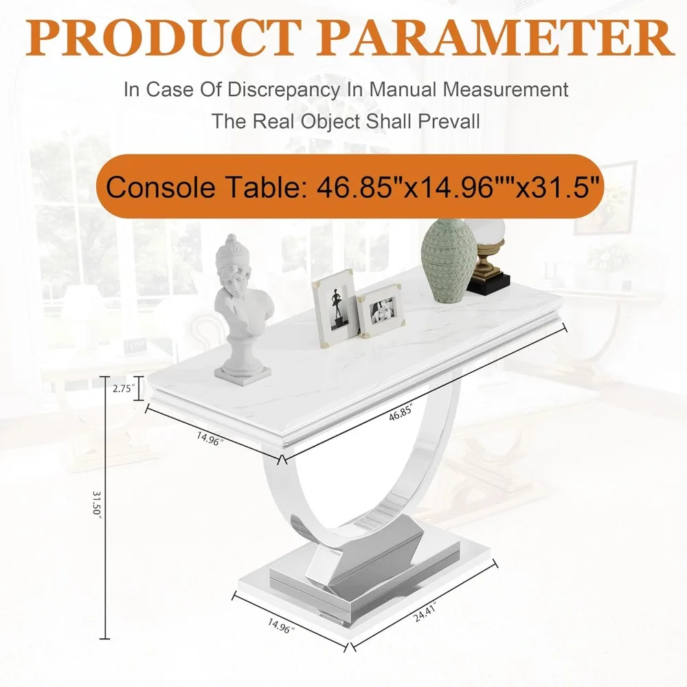 طاولة كونسول حديثة مستطيلة الشكل مع سطح من الرخام الصناعي الأبيض وإطار فضي من الفولاذ المقاوم للصدأ