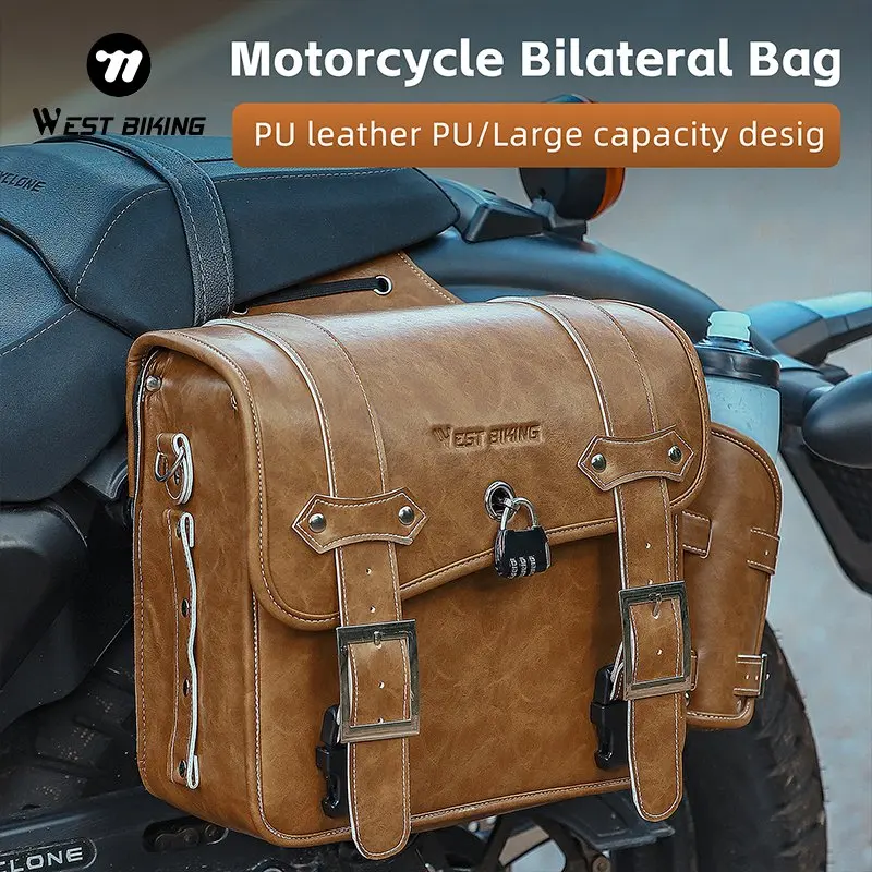 

WEST BIKING Motorcycle Rearseat Bag Universal Motorbike Retro Double Side Bag Large Capacity Leather Storage Bag Equipment