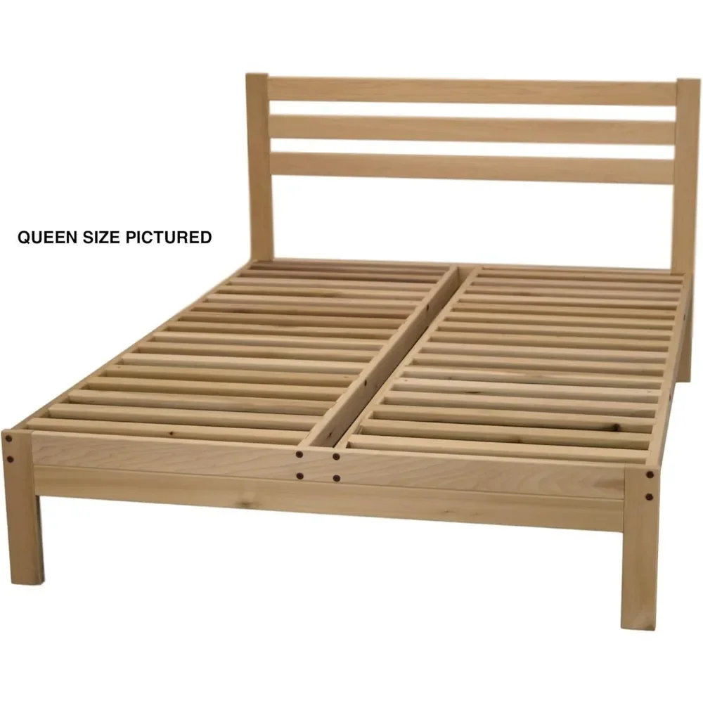 Platform Bed - Full Bed Frame  Unfinished Wood Natural, Minimalist Bed with Slatted Headboard Easy Assembly