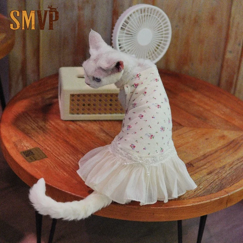 

Sweet Girl Style Floral Print Spaghetti Strap Pet Dress with Pearl Ruffle Hem Summer Apparel for Devon Rex Cornish Hairless Cats