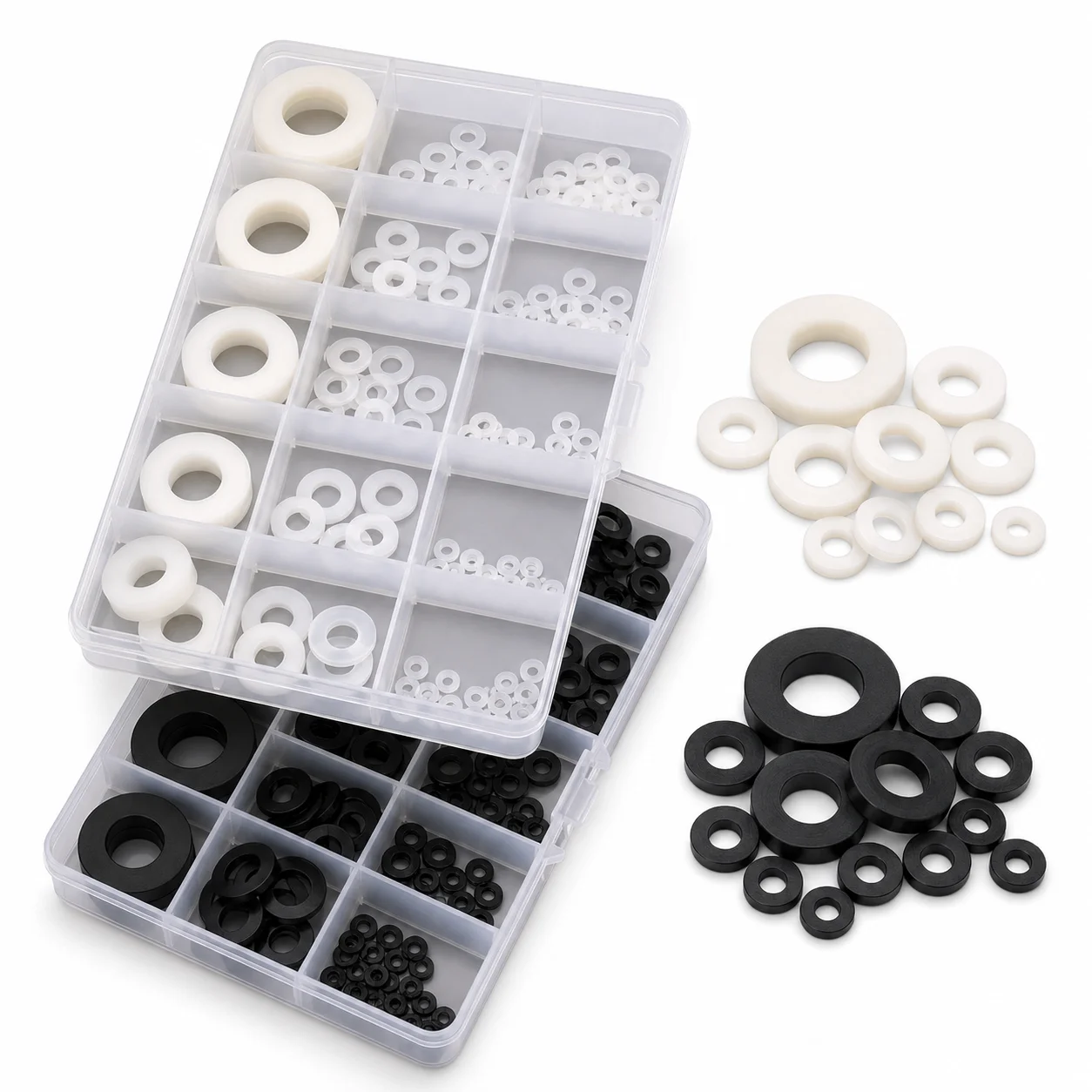 M2-M18 Nylon Flat Washer 110/215Pcs Assortment Kit White Black Plastic Insulating Spacer Ring Gasket Isolation Washer Pack Box