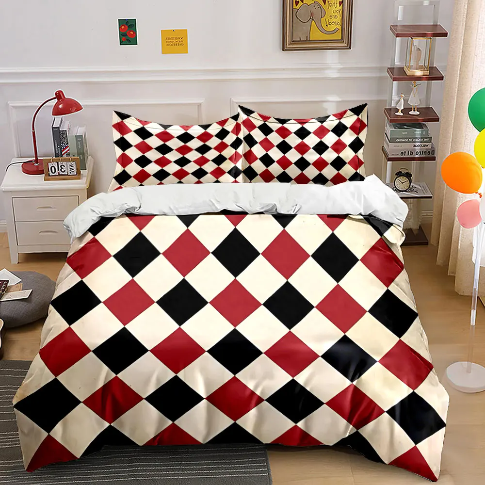 3Pcs Retro Diamond Bedding Set, Vintage Red, Black and Cream Harlequin Print Duvet Cover, Bold Geometric Bedroom Decor