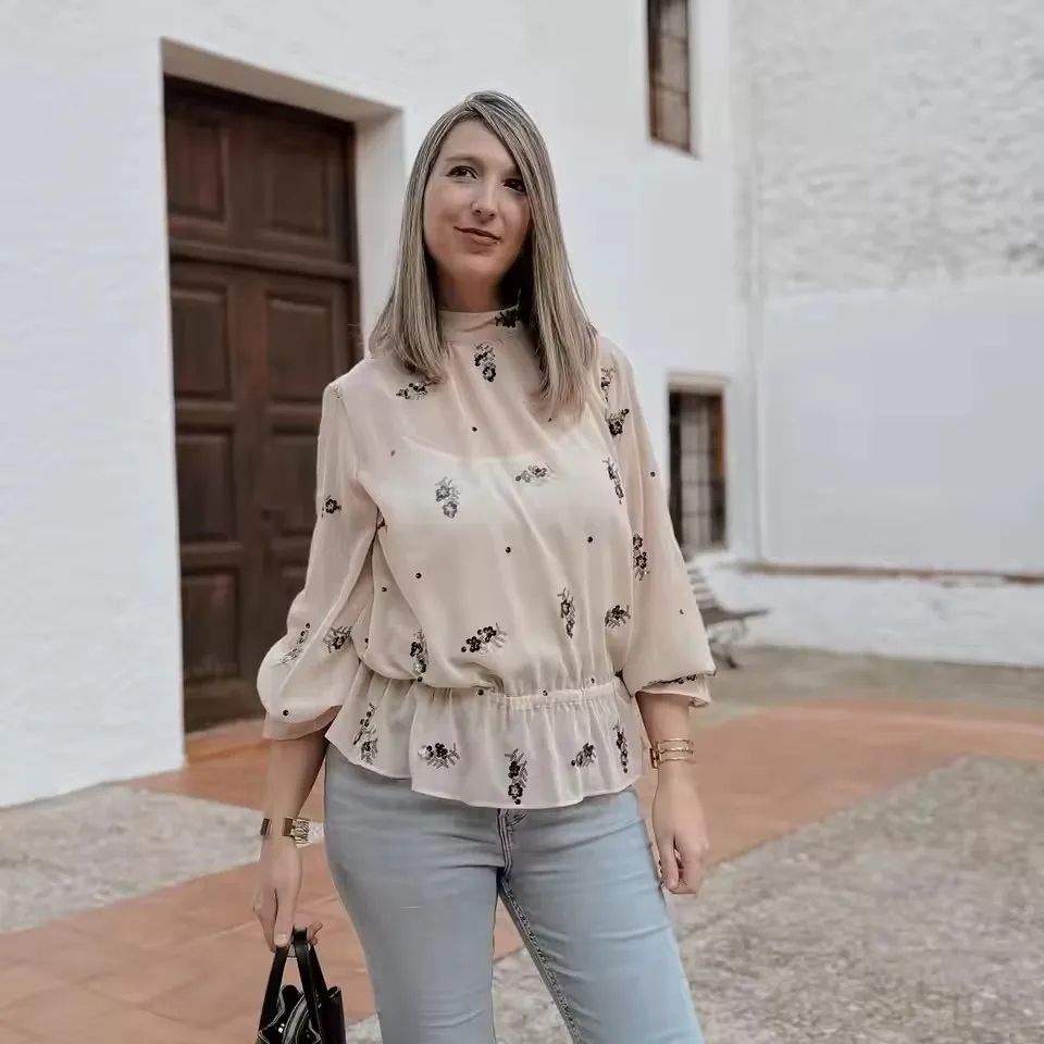 بلوزة نسائية أنيقة مزهّرة ترتر بأكمام طويلة قمصان فضفاضة موضة جديدة 2026 عطلة الربيع بلوزة أنيقة غير رسمية #5