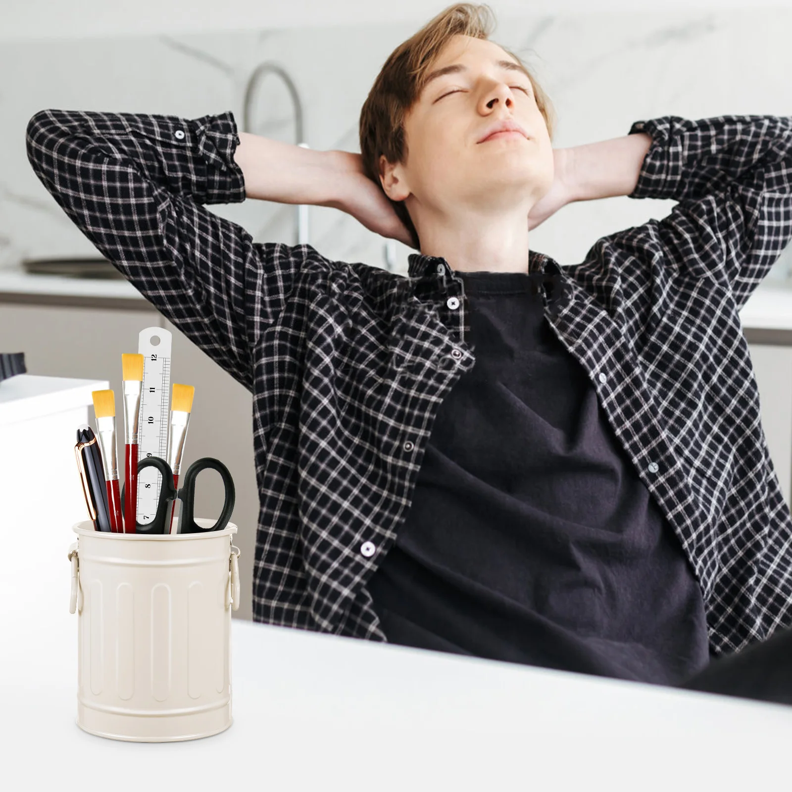 

4pcs Metal Desk Organizer Bucket Iron Pen Holder Cup For Office Supplies Makeup Brush Desktop Storage Double Ears Stationery