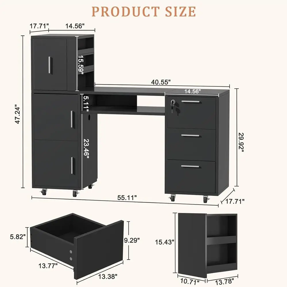 56 Professional Nail Technician Workstation with Storage, Power Outlet & Desk Space