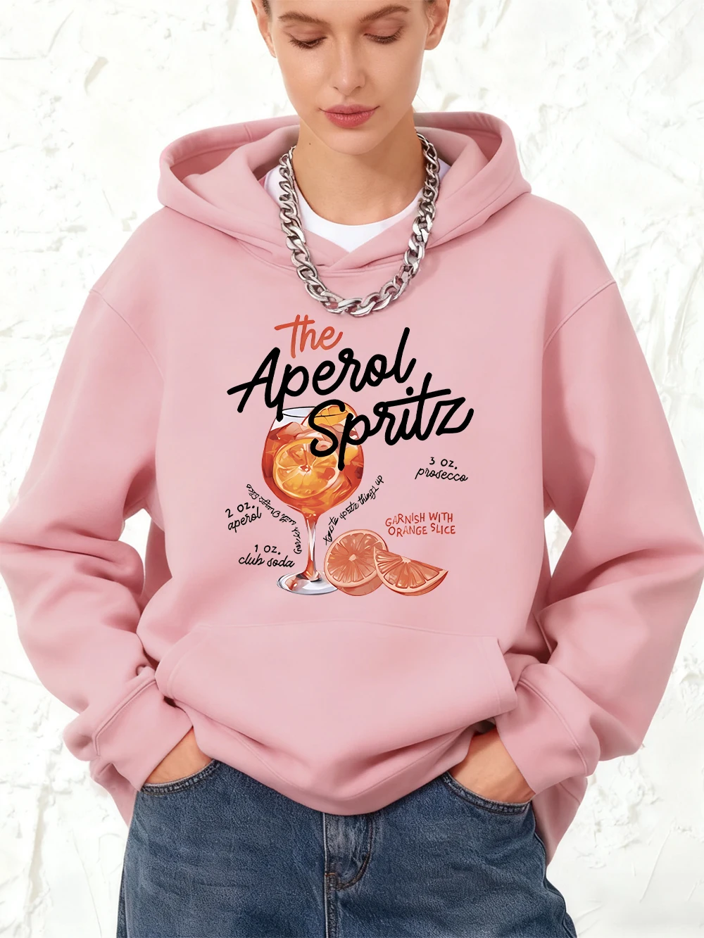 سترة Aperol Spritz الرجعية للكوكتيل مطبوعة بغطاء للرأس من القطن للنساء للركض والجيب سترة رياضية فضفاضة ملابس شتوية من الصوف