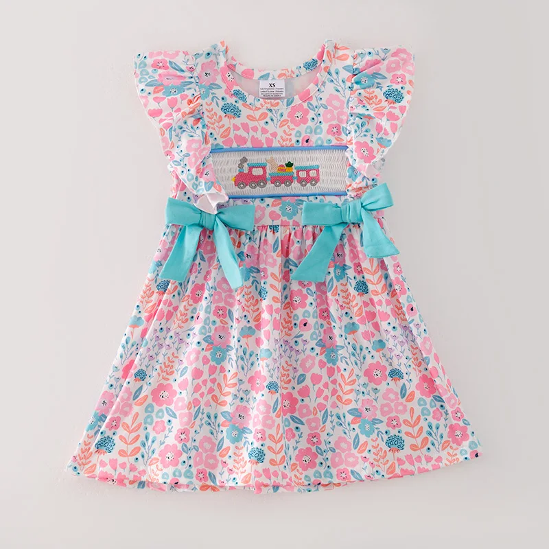 Girlymax Sibling Spring Summer Easter Baby Girls Train Embroidery Floral Smocked Dress Kids Clothes