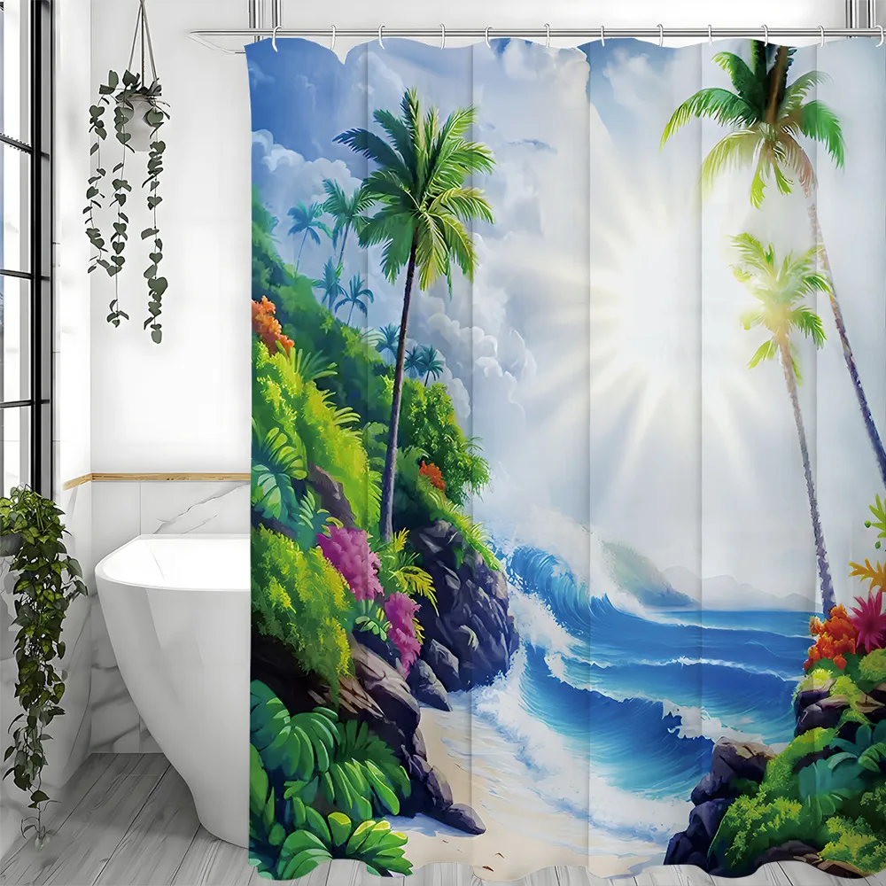 

Пейзаж по уздению Гавайев Занавеска для душа Моющаяся грязеотталкивающая насадка для душа Водонепроницаемая полиэстеровая занавеска для ванны