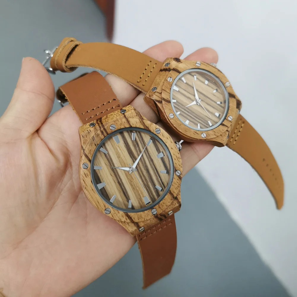 Punk Vintage Zebrawood Thạch Anh Đồng Hồ Đôi Chính Hãng Dây Da Đồng Hồ Đeo Tay Tối Giản Mặt Tròn Dây Đồng Hồ Dành Cho Nam Nữ