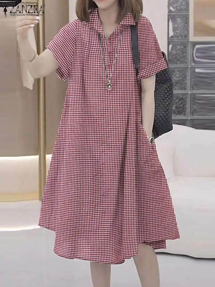 

ZANZEA Casual Summer A-line Vestidos Gingham Shrot Sleeve Women Elegant Shirtdress Fashion Turn-down Collar Knee-length Dress