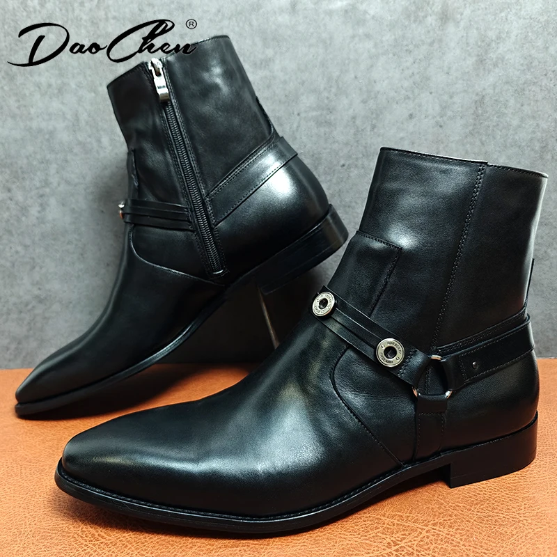 LUXURY MEN\'S BOOTS SHOES ZIPPER MOTORBIKE BOOTS SLIP ON CASUAL DRESS SHOES MEN BLACK WHITE GENUINE LEATHER MEN BOOTS