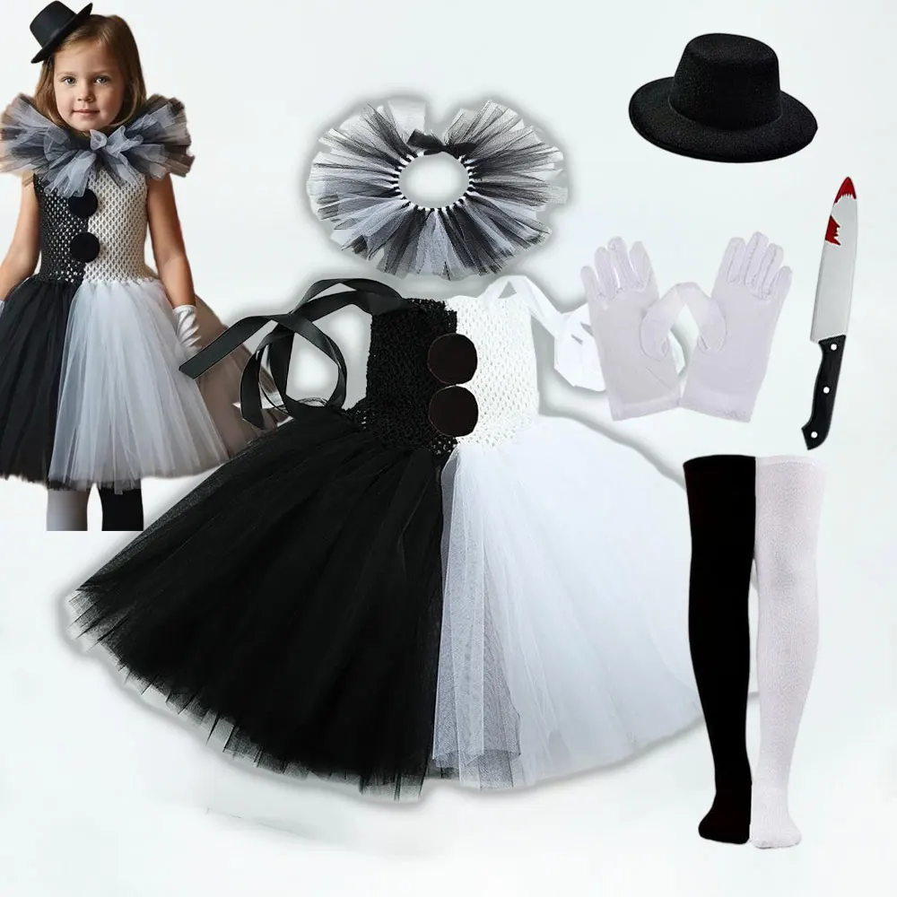 Children Black White Clown Art Tutu Dress Costumes Halloween Trick Or Treat Party Outfit Girls Cosplay Thrilling Joker Clothing