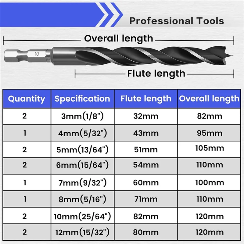 LNHF Pertukangan untuk Pekerjaan Kayu 13 Buah Set Mata Bor Kayu Brad-Point dengan Desain Seruling Ganda Chipboard Pelubang Tengah