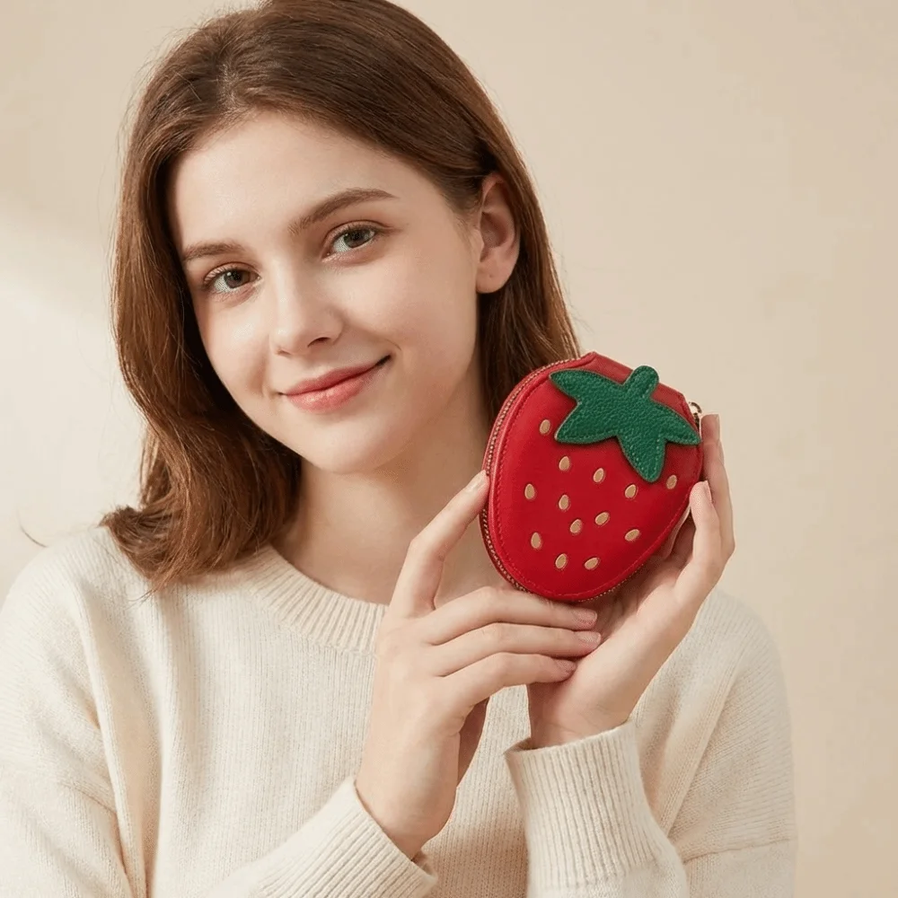 Portable Fruit Strawberry Card Bag Zipper Multi-card Slot PU Leather Card Holder Korean Style Card Pocket Storage Bag Outdoor