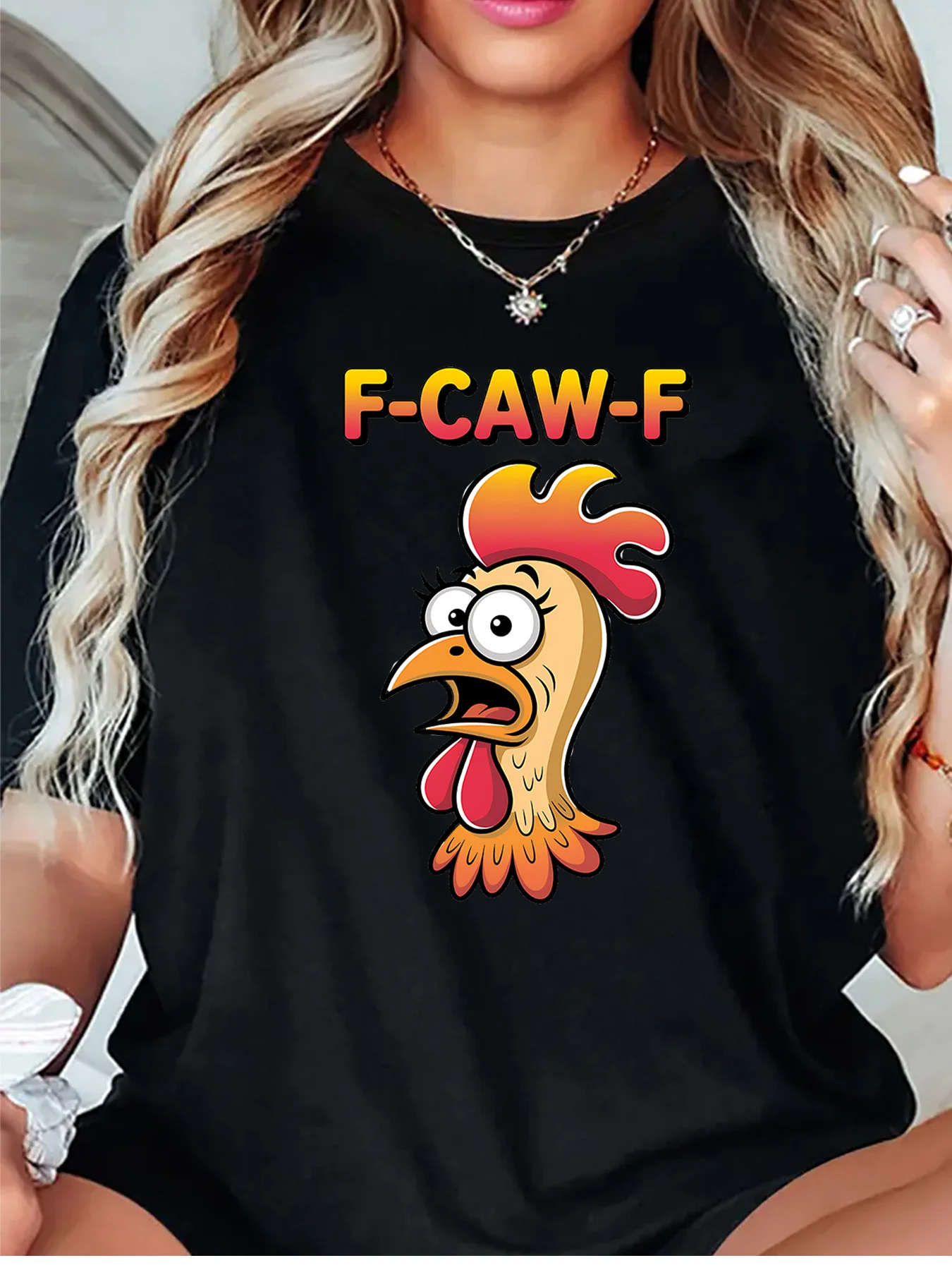 Womens O Neck Short Sleeve T Shirt F Caw F Funny Surprised Hen Head Cartoon Animal Humor Graphic Casual Daily Ladies Tops