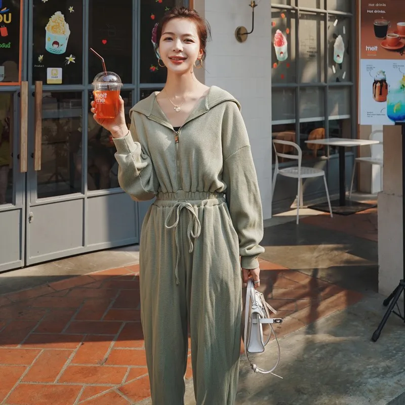 Tuta con cappuccio a vita alta da donna Casual Confortevole Faionable Autunno Nuovo arrivo Tutti abbinati Set coreano Sle Poliestere F...
