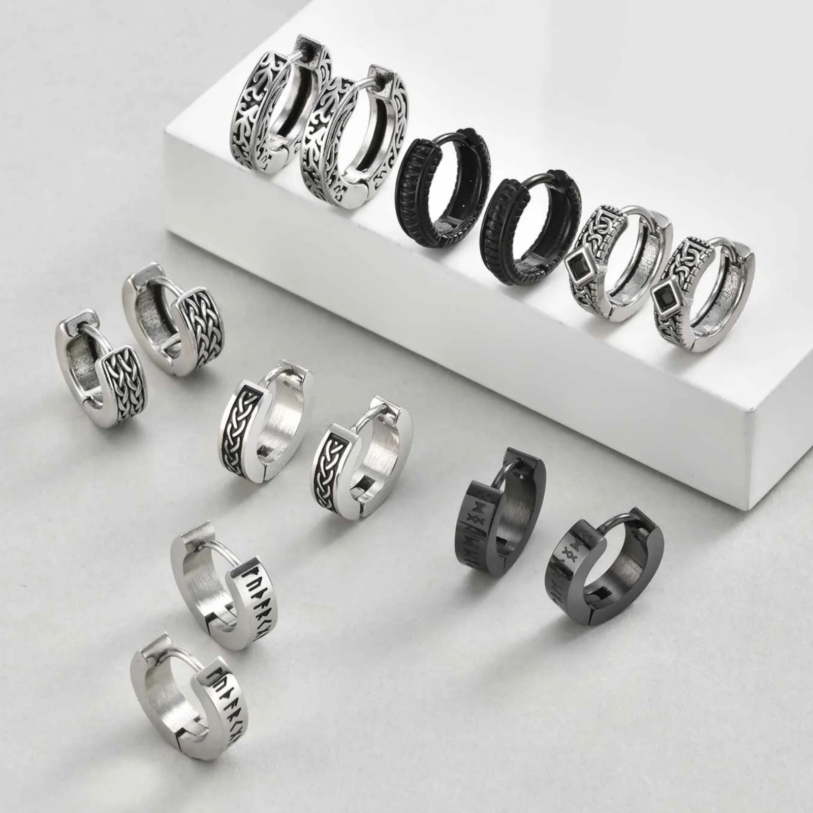 Retrol Norse Viking Runes Hoop Earrings for Men, Classic Celtic Knot Stainless Steel Huggies Earrings, Punk Cool Jewelry Gifts