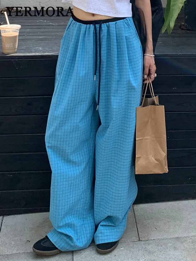 YERMORA Hoge elastische taille blauwe geruite trekkoord wijde pijpen broek voor vrouwen losse pasvorm nieuwe broek mode tij lente herfst 20
