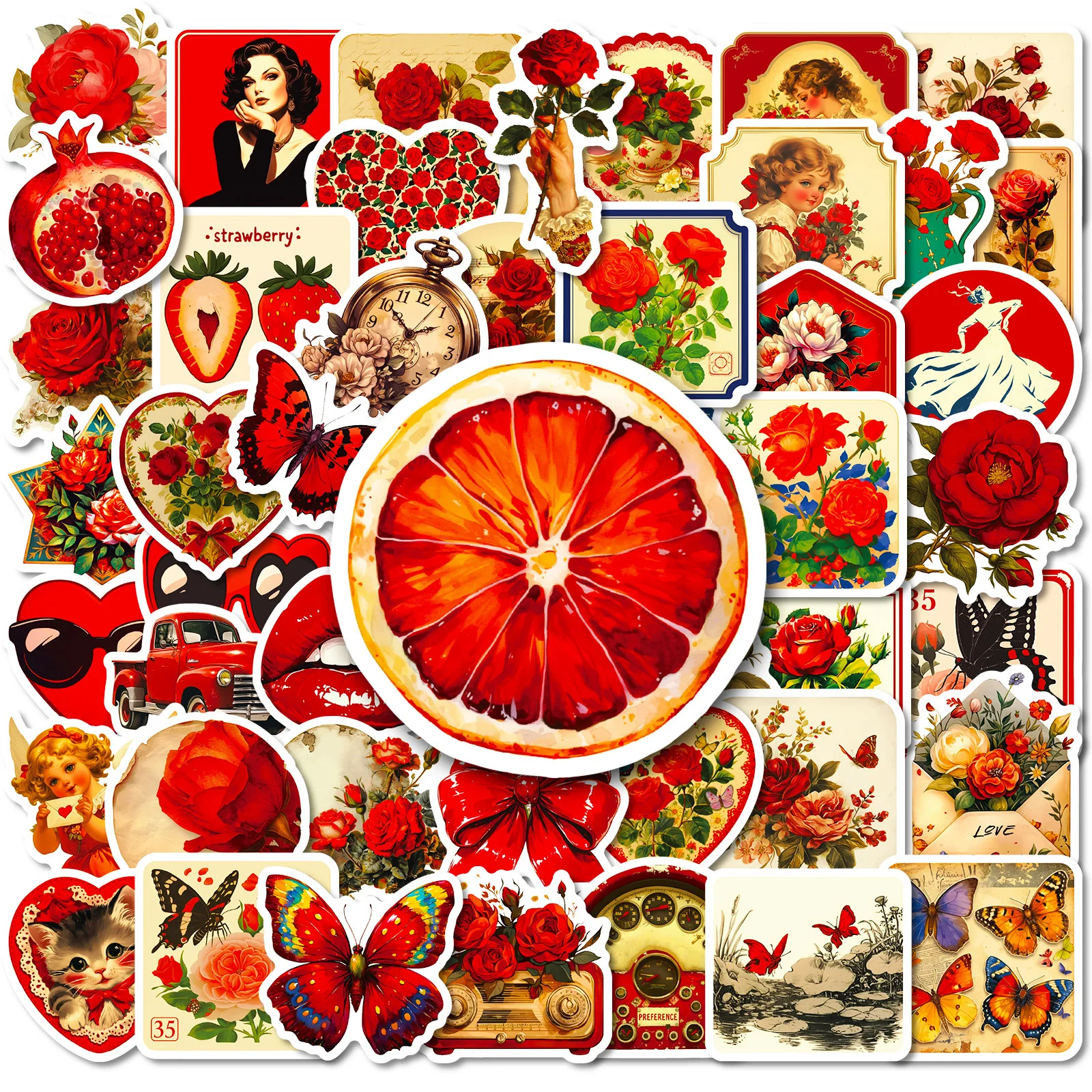

10/50PCS Retro Rose Doodle Butterfly Woman Rose Poster Style Decoration Notebook Skateboard Waterproof Sticker Kids Toy