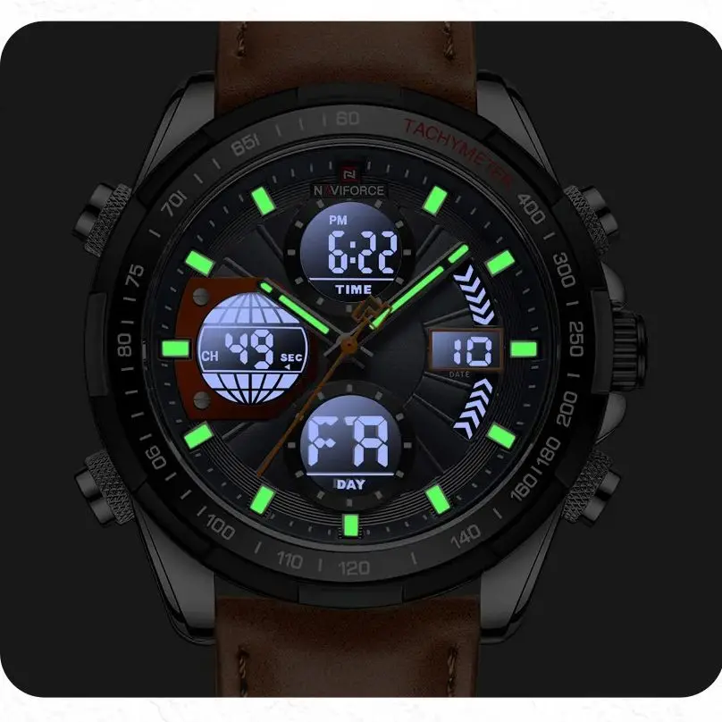 NAVIFORCE-relojes deportivos para hombre, pulsera de cuero genuino de cuarzo resistente al agua con pantalla Dual luminosa fuerte, Masculino, 2022