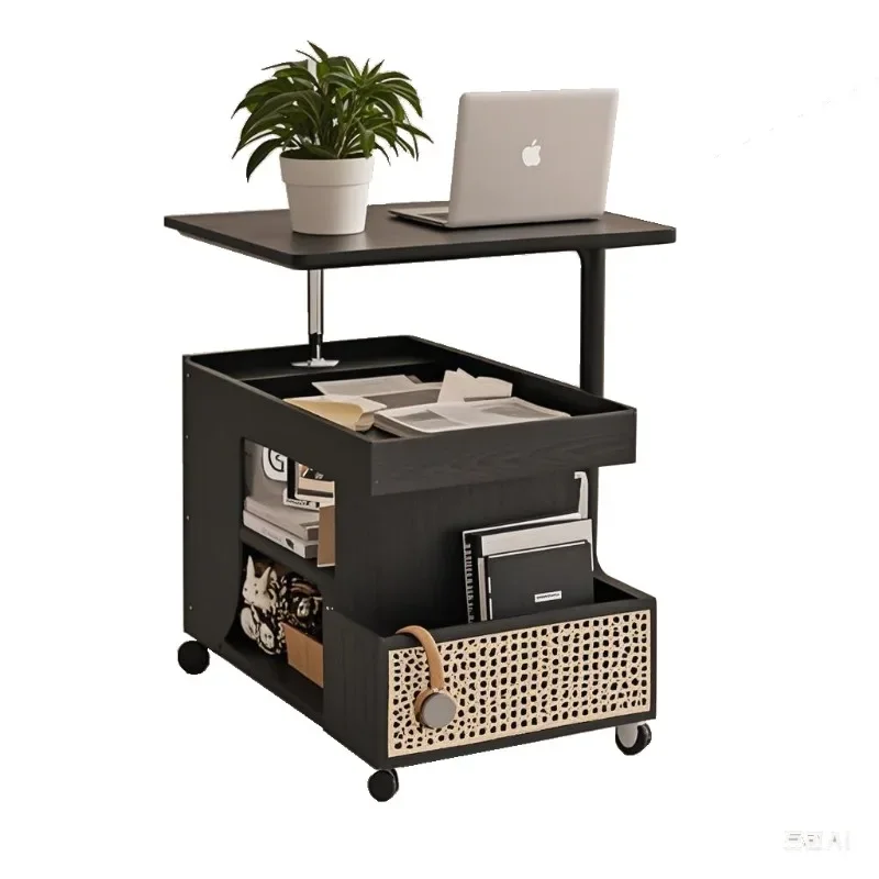 Retro solid wood mobile side table can be lifted and moved with wheels, coffee table trolley, sofa side cabinet