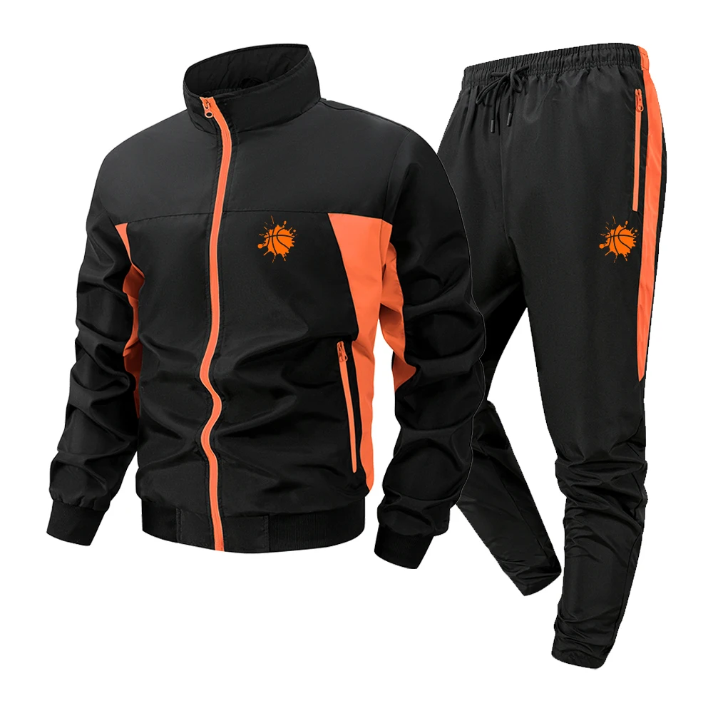 Men's Casual Fitness Set Basketball Graffiti Print Stand Collar Jacket And Trousers 2 Piece Set Ideal For Running And Sports