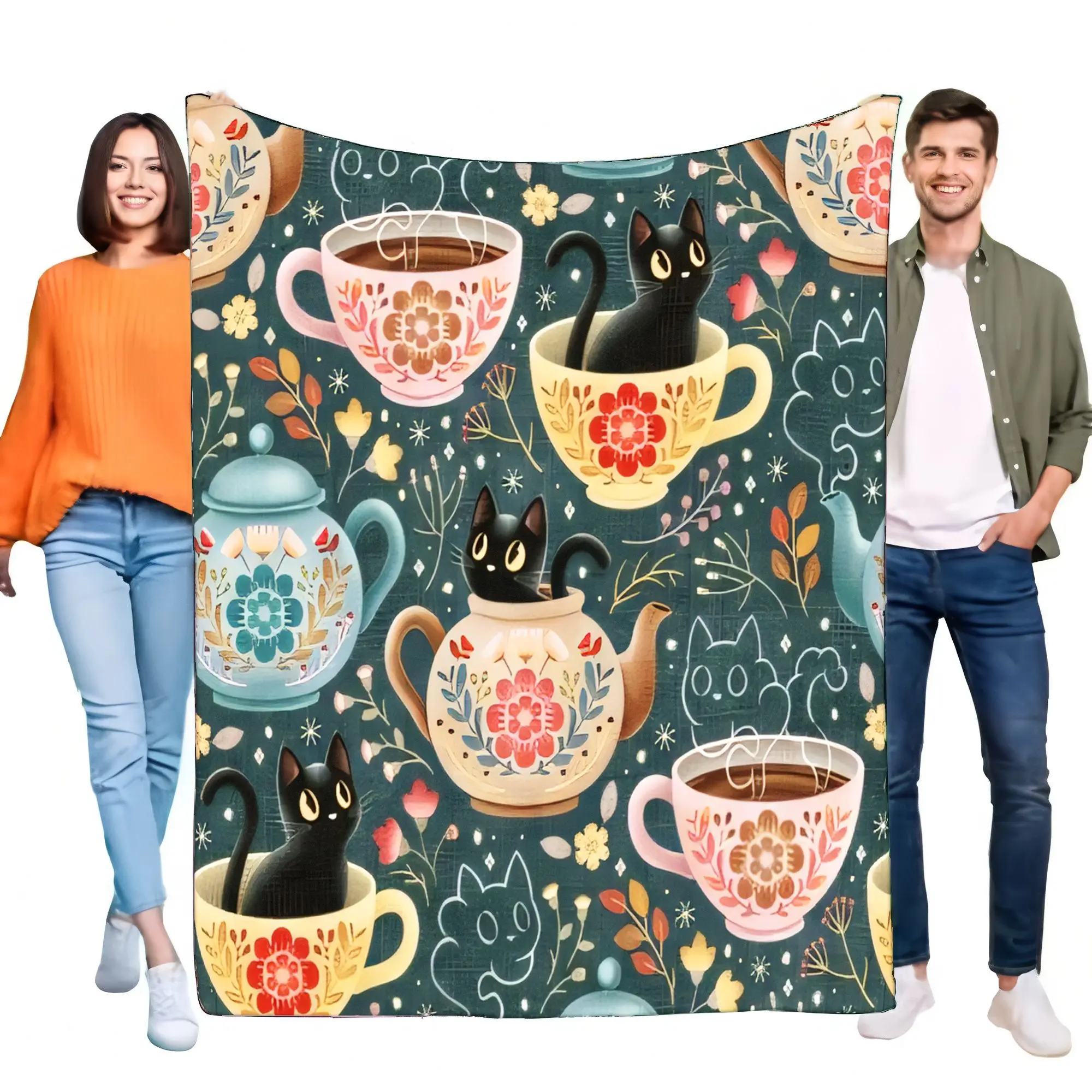 Cute Black Cat Teacup & Teapot Blanket, Soft Cozy Warm Flannel Throw, Whimsical Floral Coffee Mug Bed Sofa Home Decor Gift for P