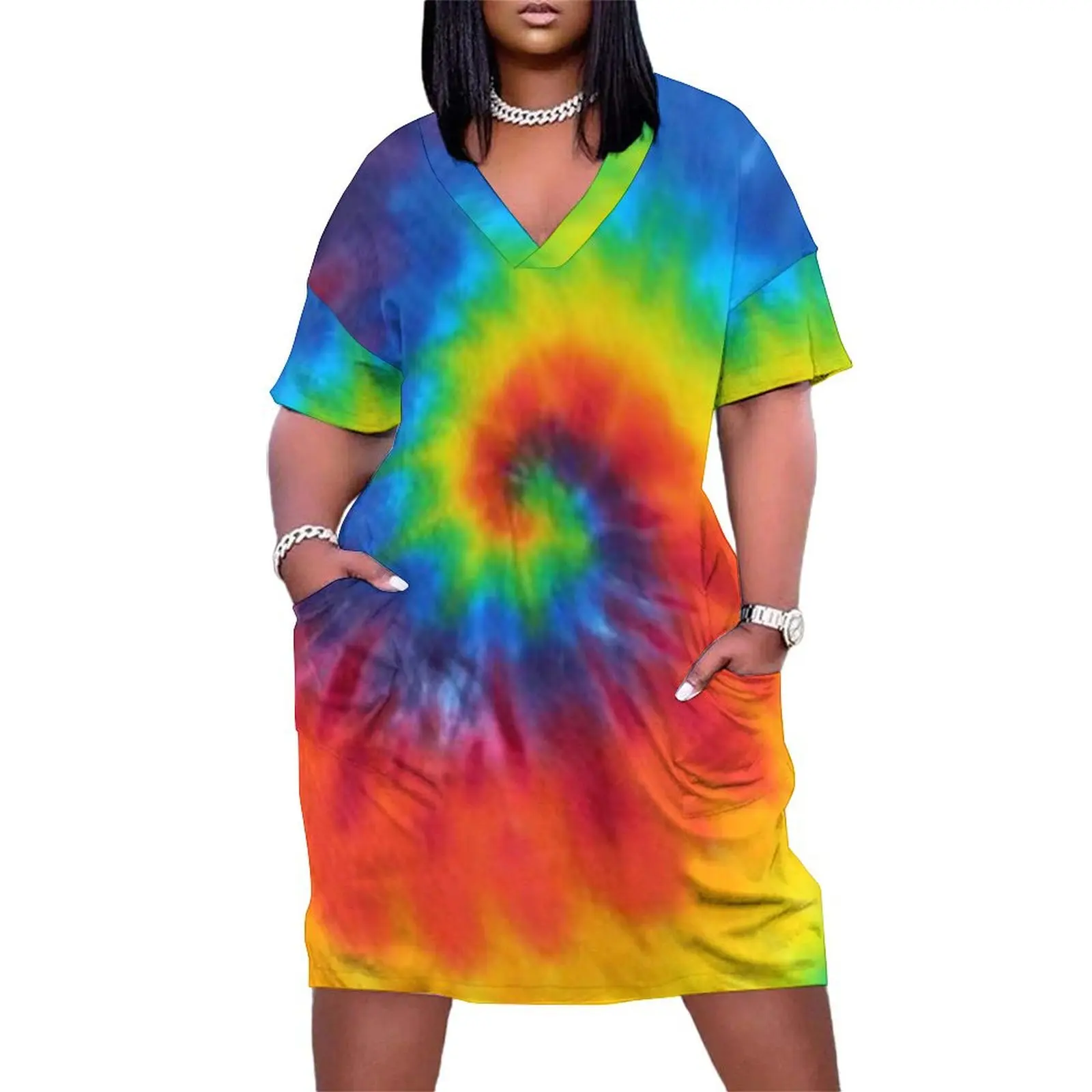 

tie dye swirl rainbow Loose Pocket Dress women evening dress Aesthetic clothing