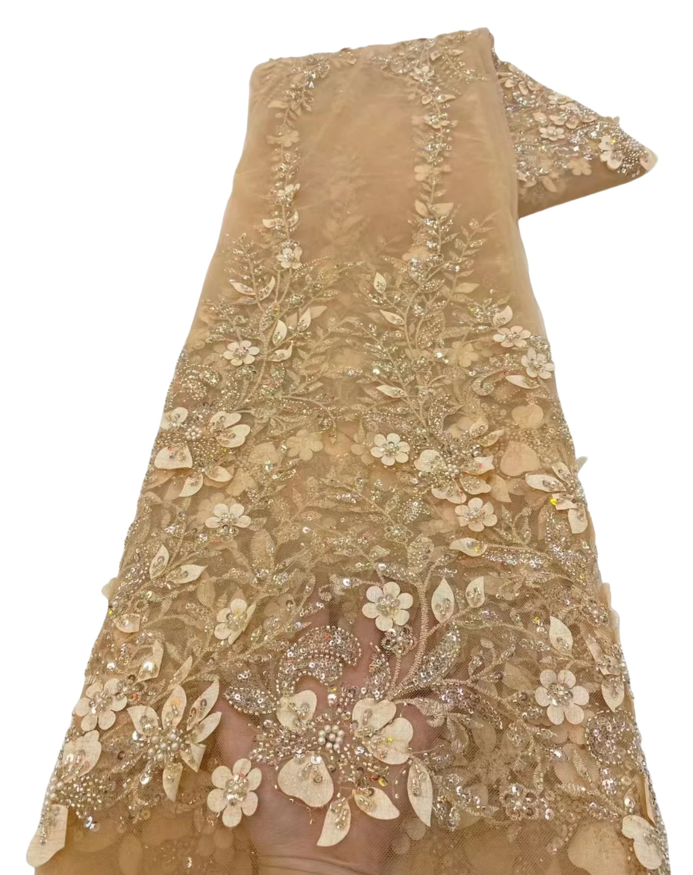 1 Yards African Sequins Beads Lace Fabric 2025 High Quality 3D Flower French Mesh Tulle Embroidery Wedding Bridal Lace