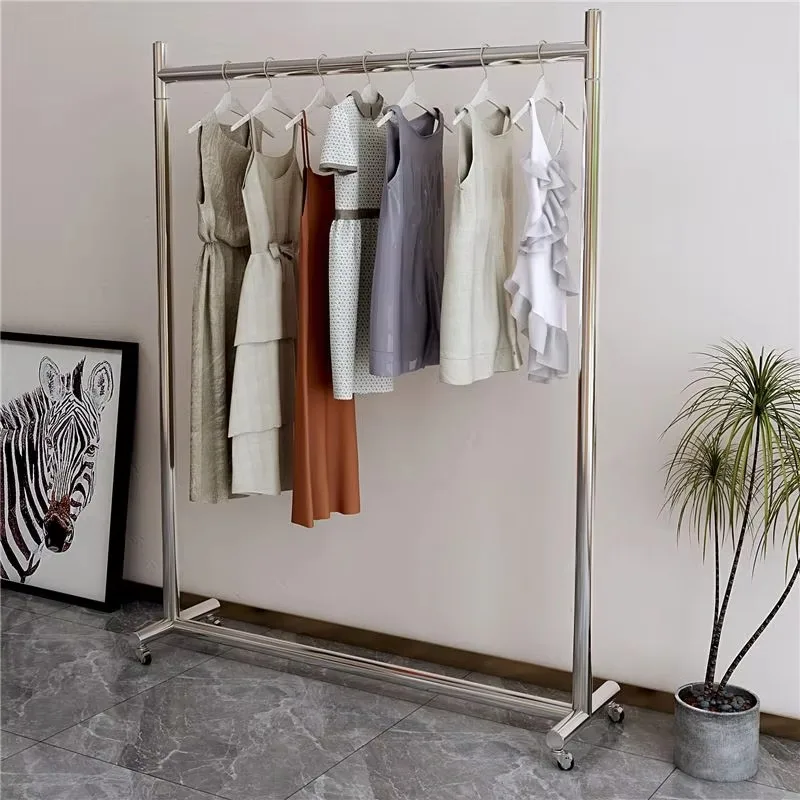 

Movable Home Coat Racks Nordic Stainless Steel Rack Clothing Store Display Rack Hanging Clothes Rack Brushed Silver with Wheels