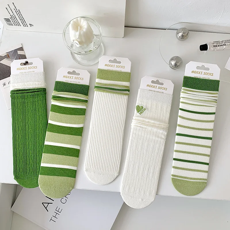 Green Striped Cotton Socks Spring Fall Thin Mid-length Stockings Preppy Striped Socks for Women