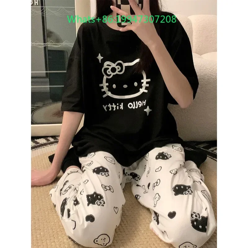 

Новинка лета 2029, черные пижамы с круглым вырезом и рисунком «Hello Kitty», женские брюки с короткими рукавами, комплект домашней одежды