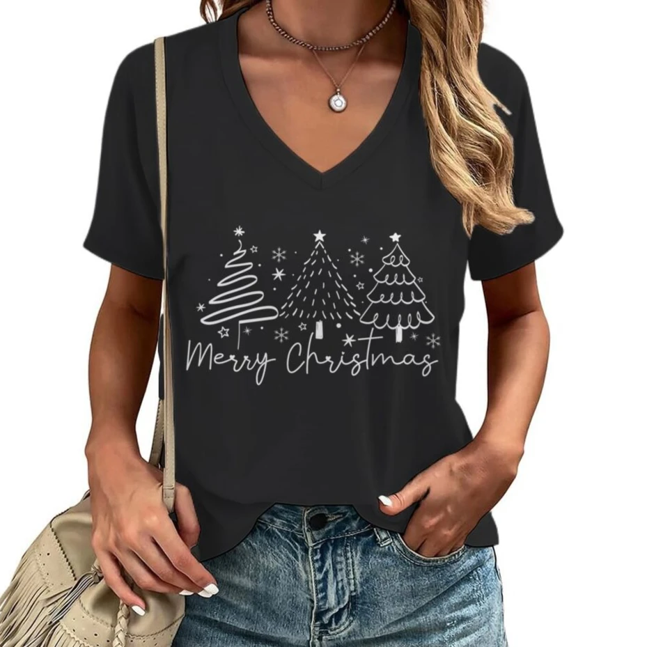 Merry Christmas Tree Trending T-shirts for Women V-neck Christmas Tree Design Holiday Clothes Funny Festive Fashion Casual Tops