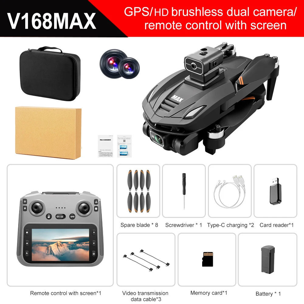V168 MAX GPS Drone Professional 8K Camera Aerial FPV Brushless Avoiding Obstacle with Large Screen Remote Control Folding Drones