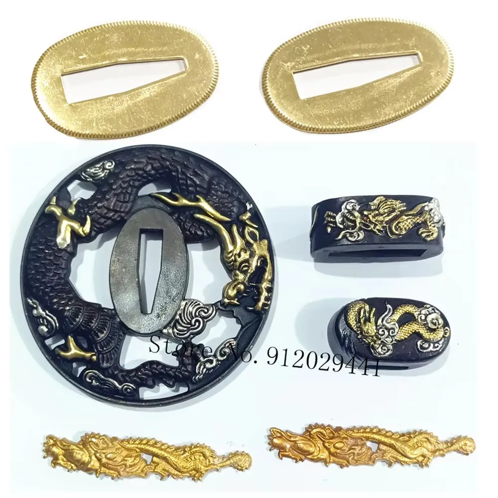 High Qualirty A Set Dragon Brass Copper Guard Tsuba Menuki Fuchi Kashira For Japanese Samurai Katana Sword