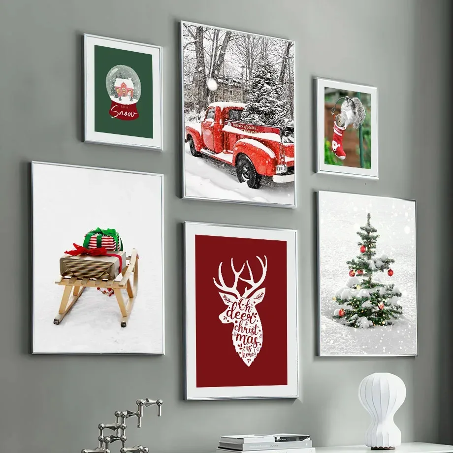 Green Christmas Tree Red Vintage Car Deer Posters Abstract Nordic Canvas Painting Wall Art Pictures Living Room Home Decoration