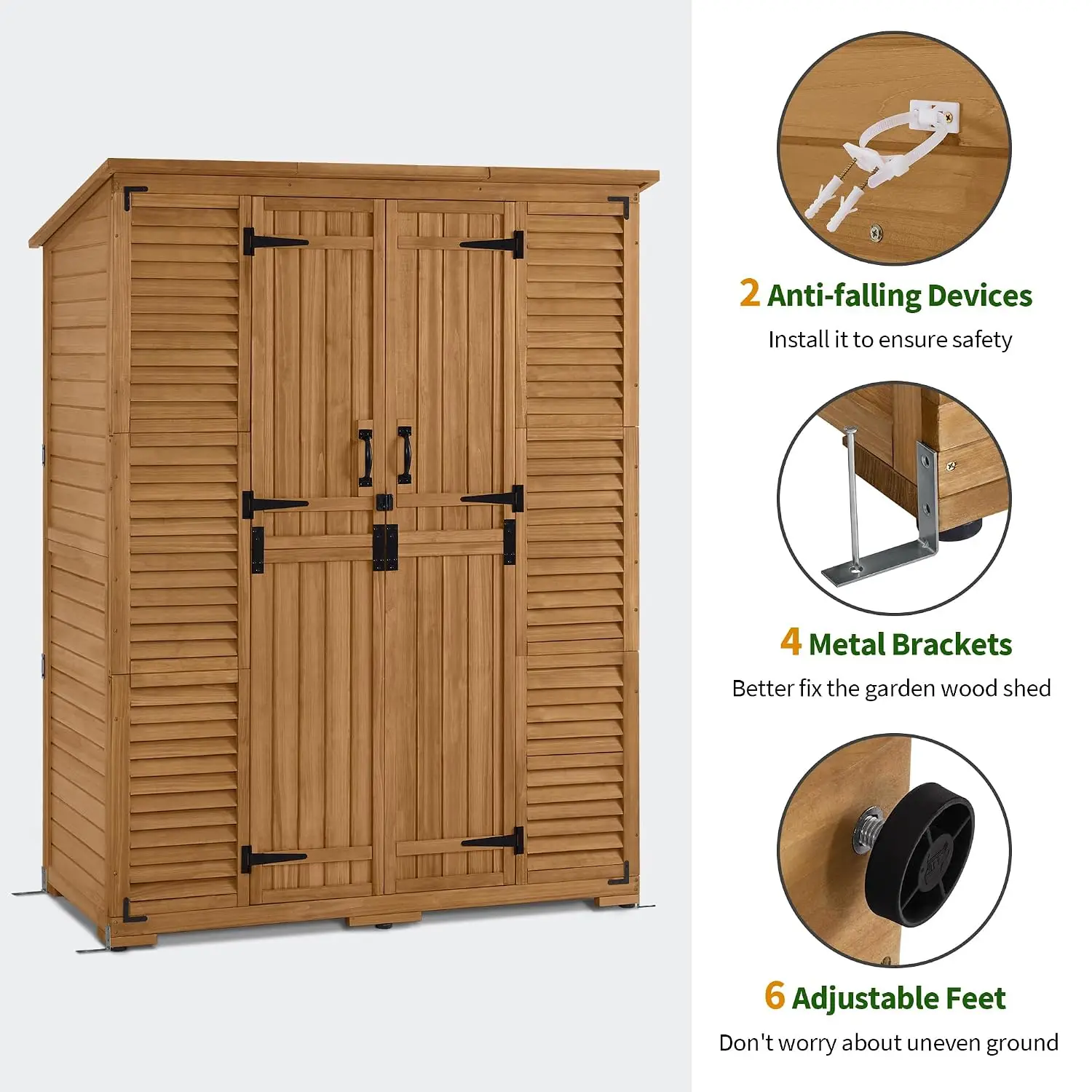 Outdoor Storage Cabinet with Shelves, Wooden Shed, Garden Tool Organizer, Weatherproof, Natural Finish, Customized - view 6